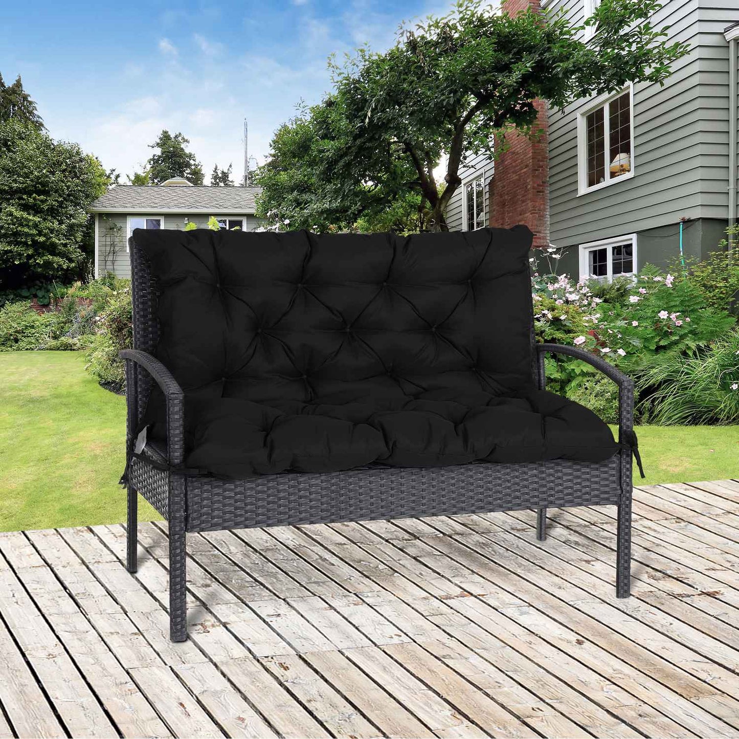 Black 3-seat bench cushion with straps - 100x98x8 cm