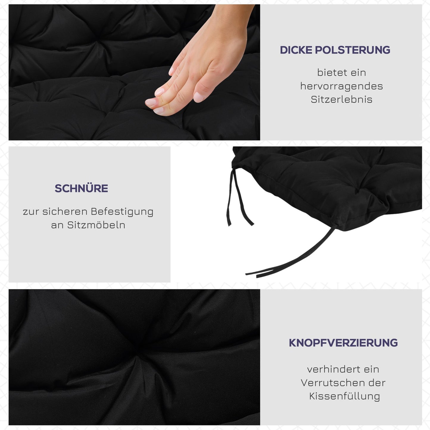 Black 3-seat bench cushion with straps - 100x98x8 cm