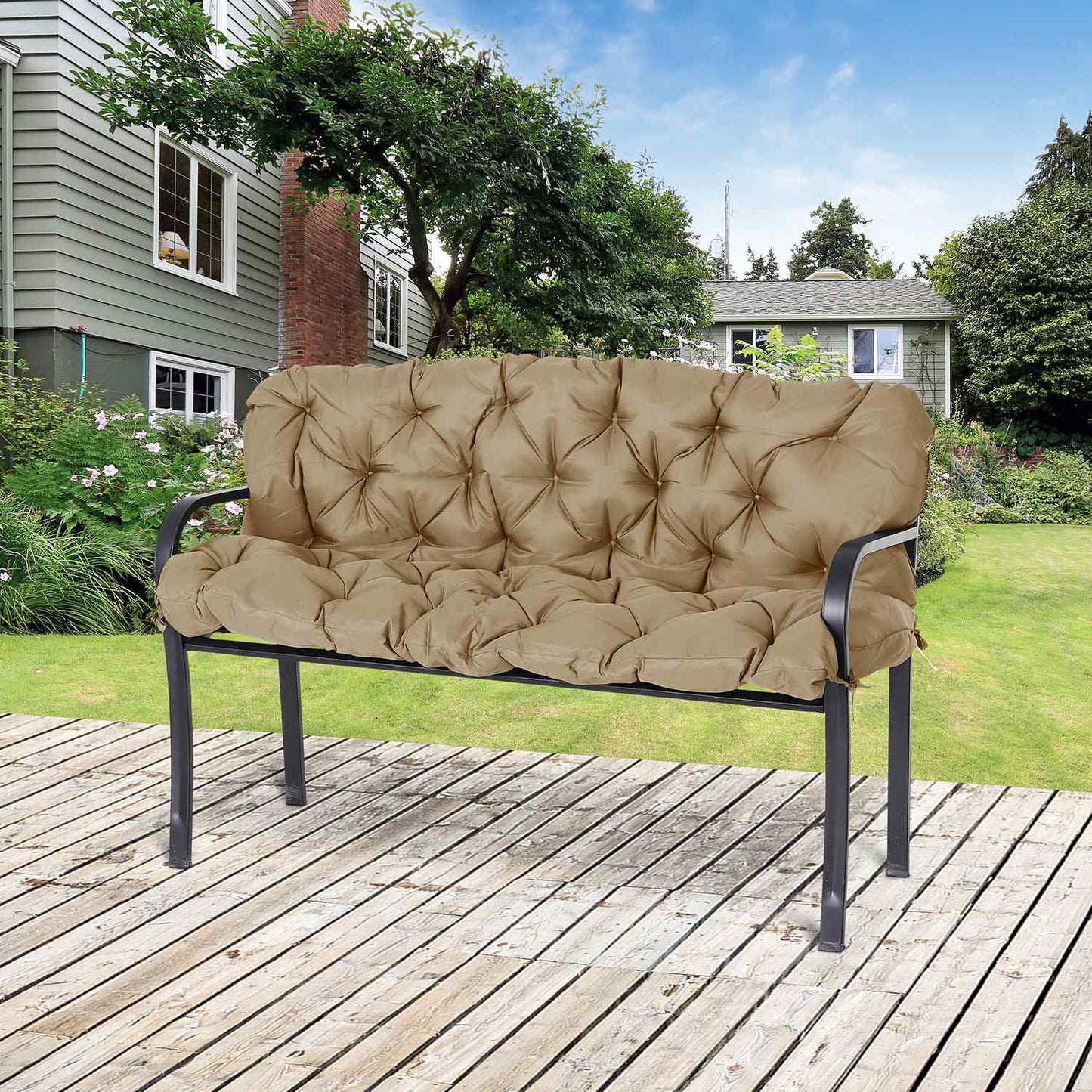 Khaki 3-seat bench cushion with straps, outdoor/indoor