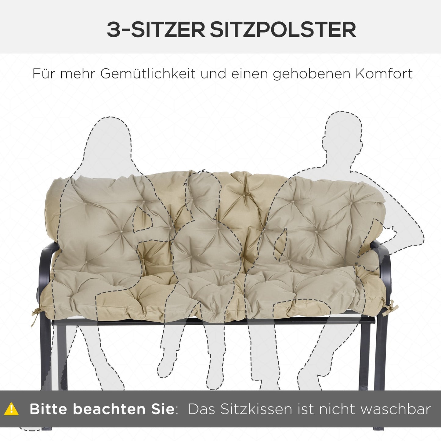 Khaki 3-seat bench cushion with straps, outdoor/indoor