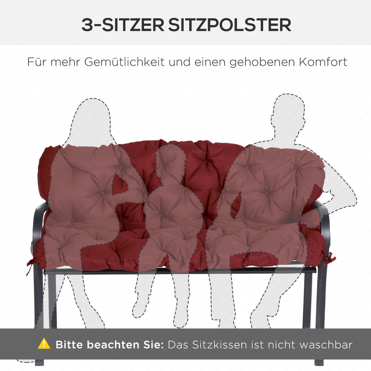 Red outdoor bench cushion with ties, 3-seater, 150x98x8 cm