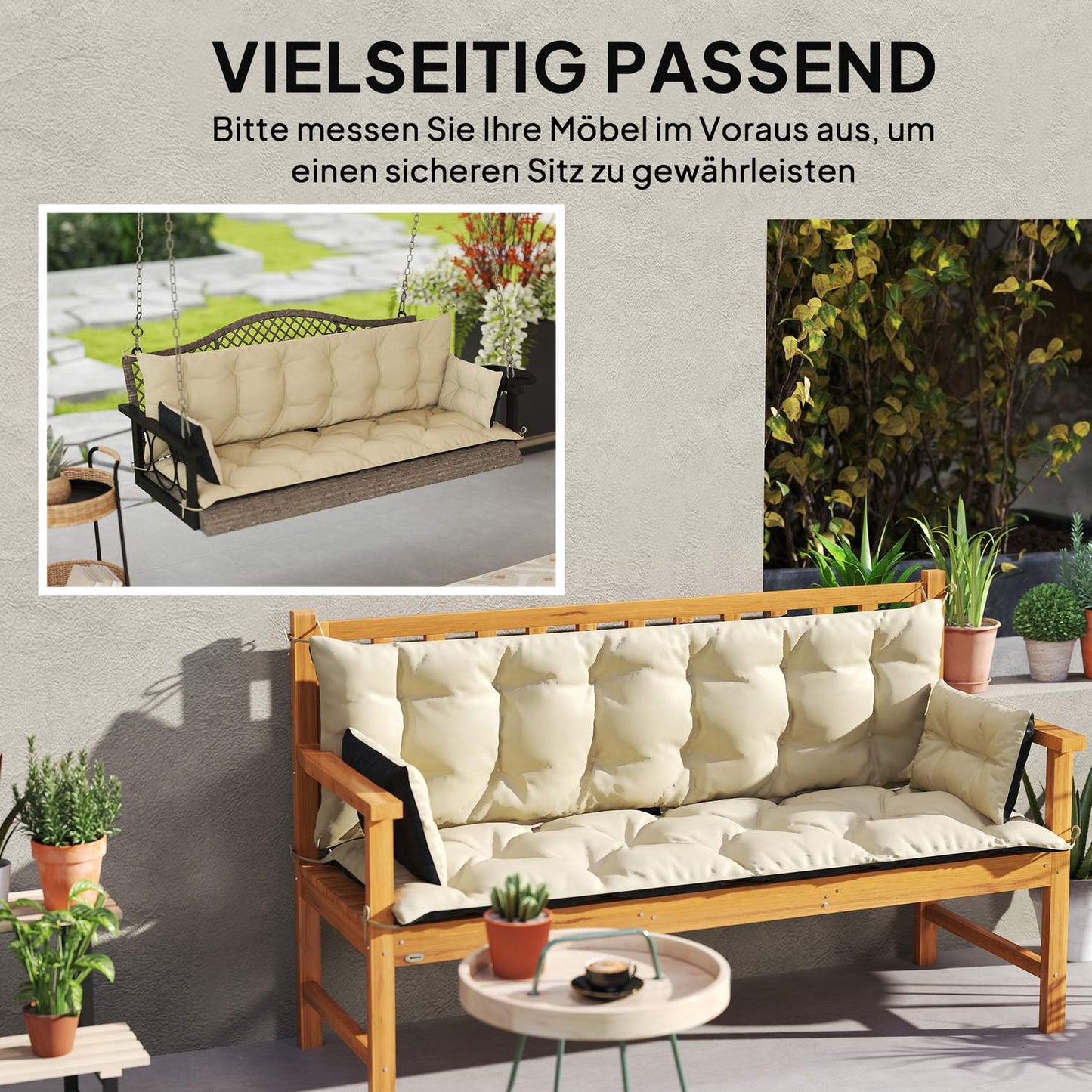 3-seat bench cushion, 180x110x8 cm, beige/black