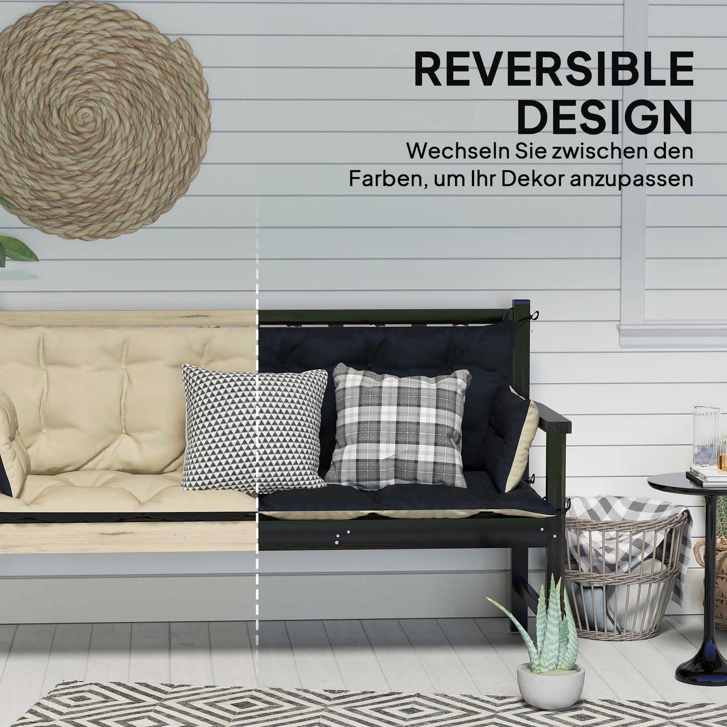 3-seat bench cushion, 180x110x8 cm, beige/black