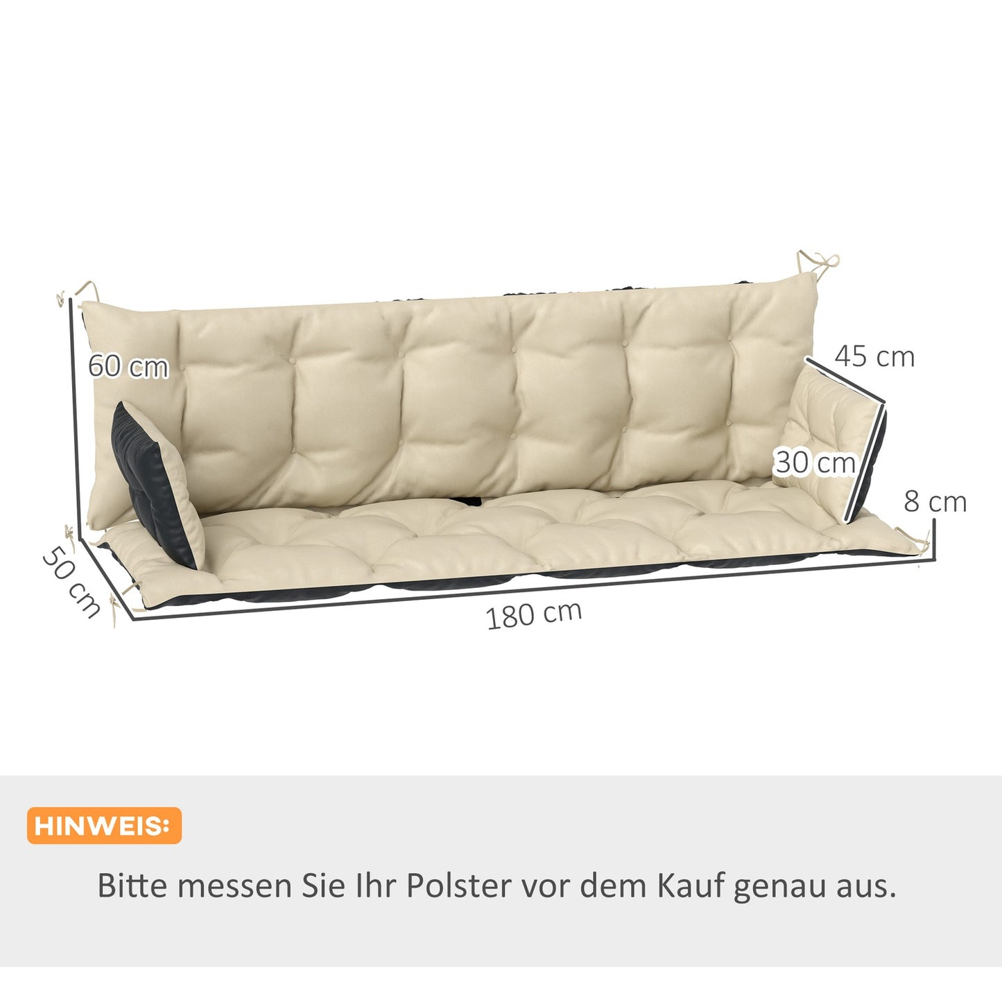 3-seat bench cushion, 180x110x8 cm, beige/black