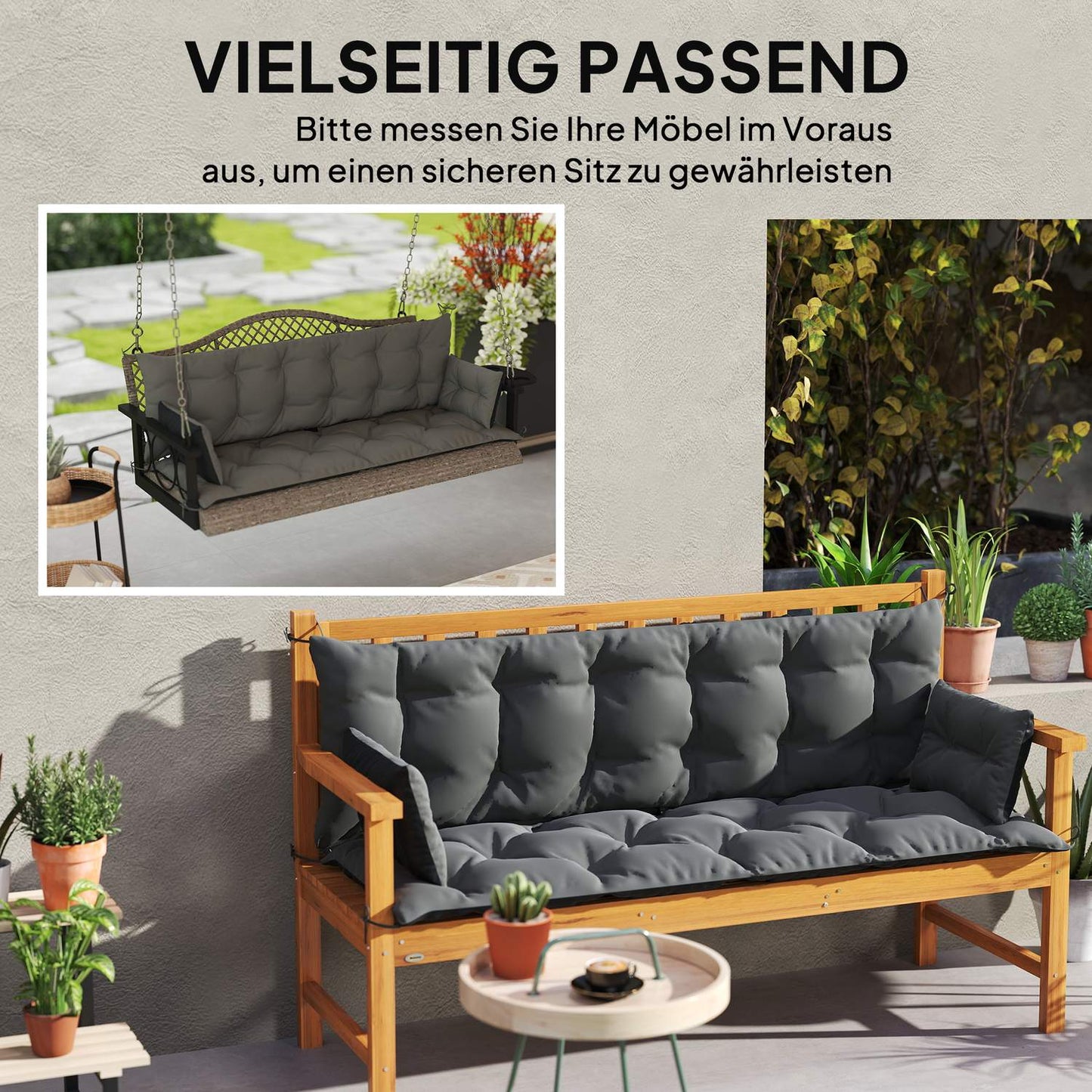 3-seat outdoor bench cushion, dark grey/black, 180x110x8 cm