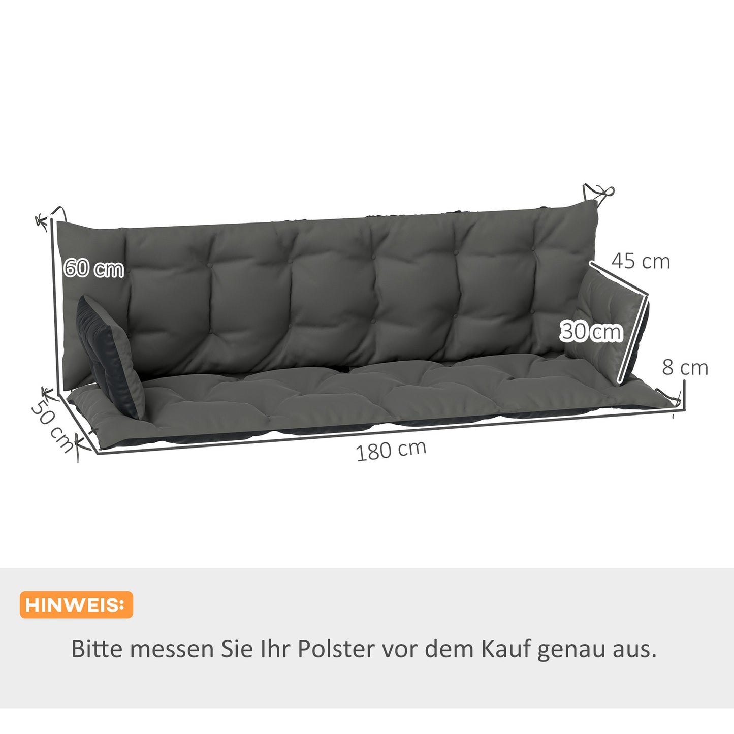 3-seat outdoor bench cushion, dark grey/black, 180x110x8 cm