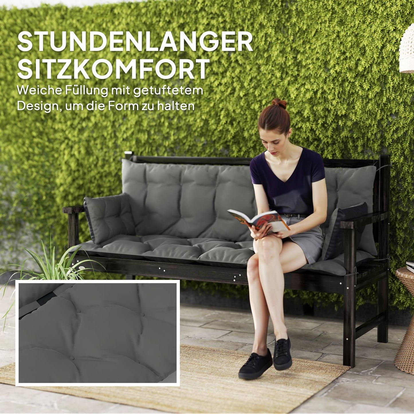 3-seat outdoor bench cushion, dark grey/black, 180x110x8 cm