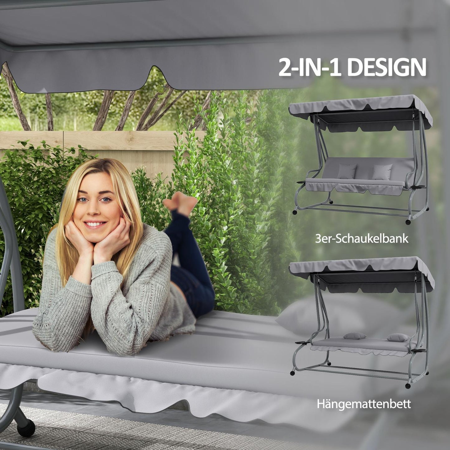 3-seat reclining porch swing, adjustable roof, light gray