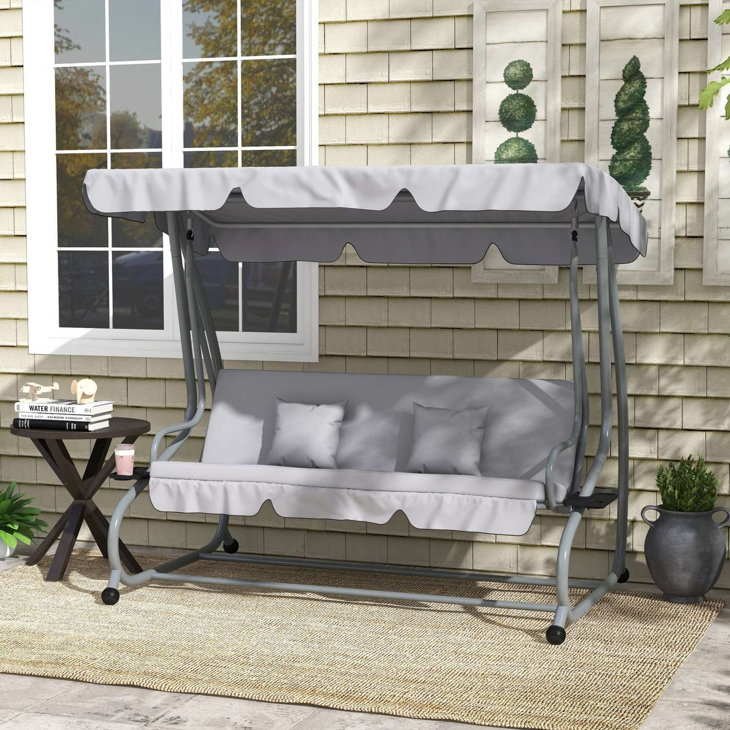 3-seat reclining porch swing, adjustable roof, light gray