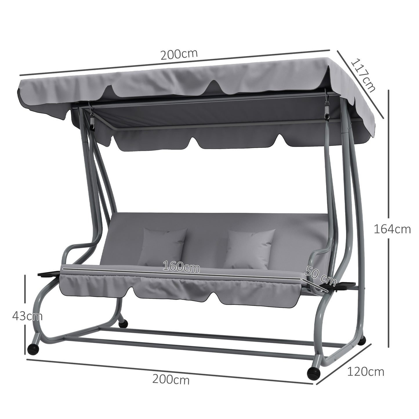 3-seat reclining porch swing, adjustable roof, light gray