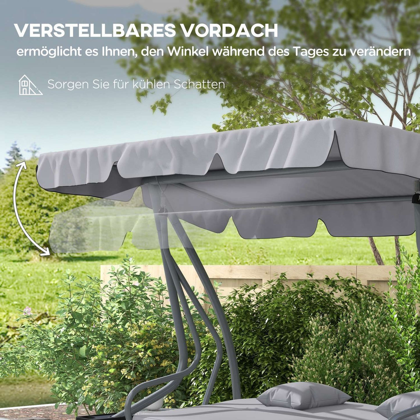 3-seat reclining porch swing, adjustable roof, light gray