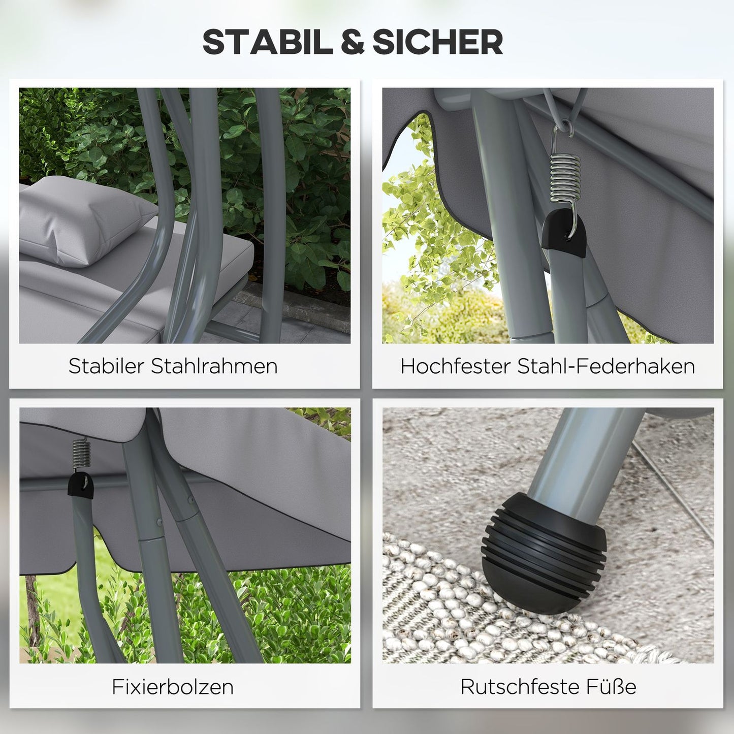 3-seat reclining porch swing, adjustable roof, light gray