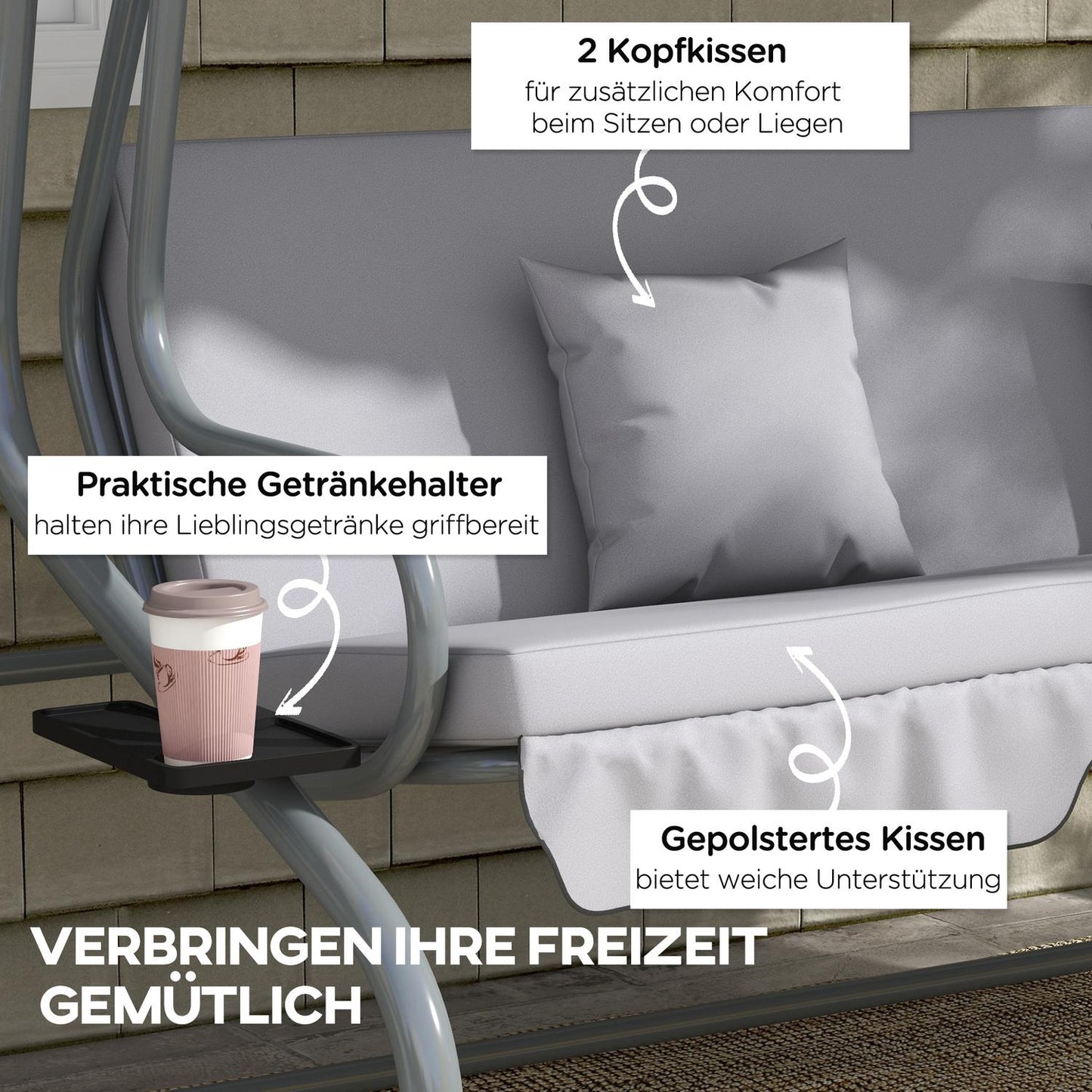 3-seat reclining porch swing, adjustable roof, light gray