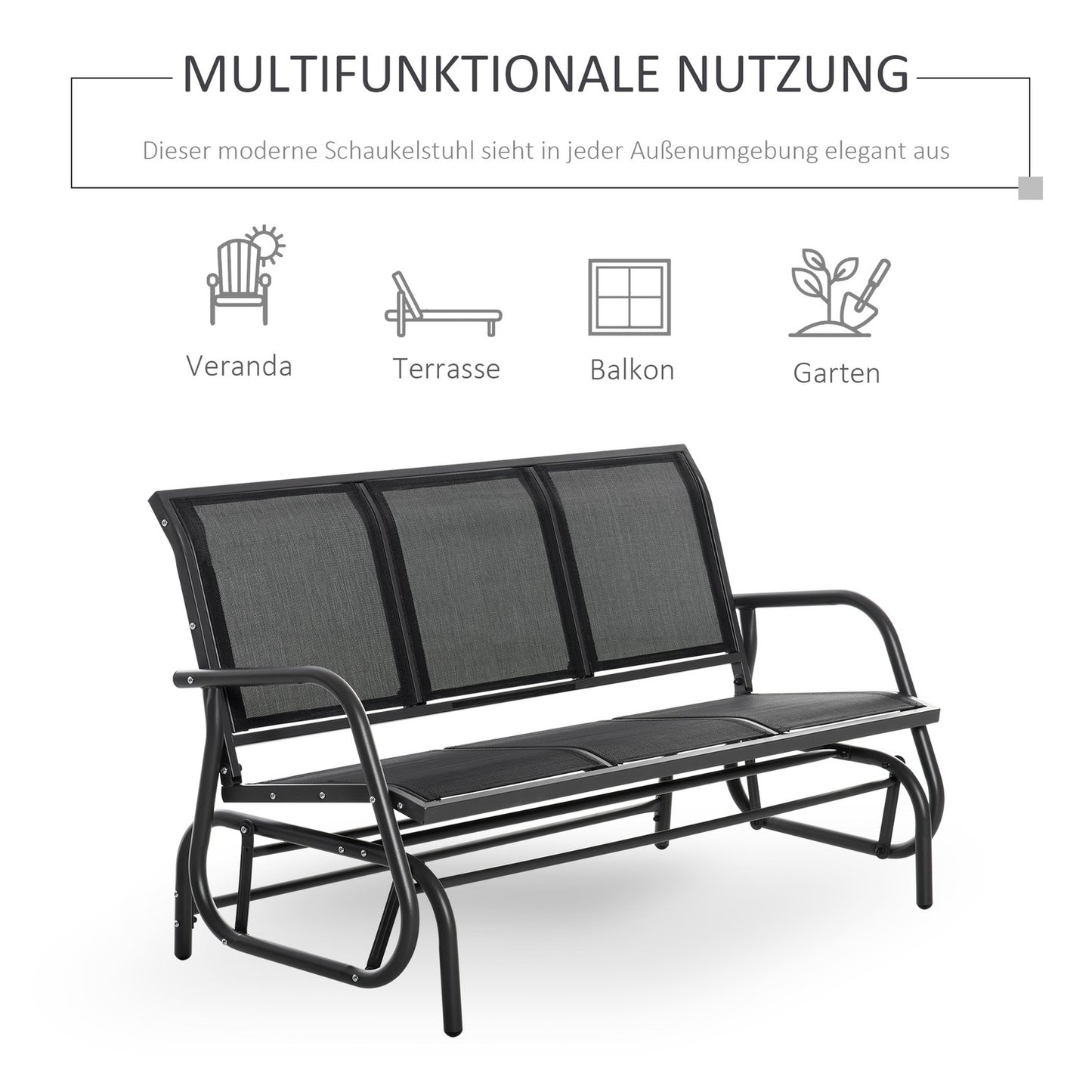 3-seater metal garden swing bench, weatherproof, black