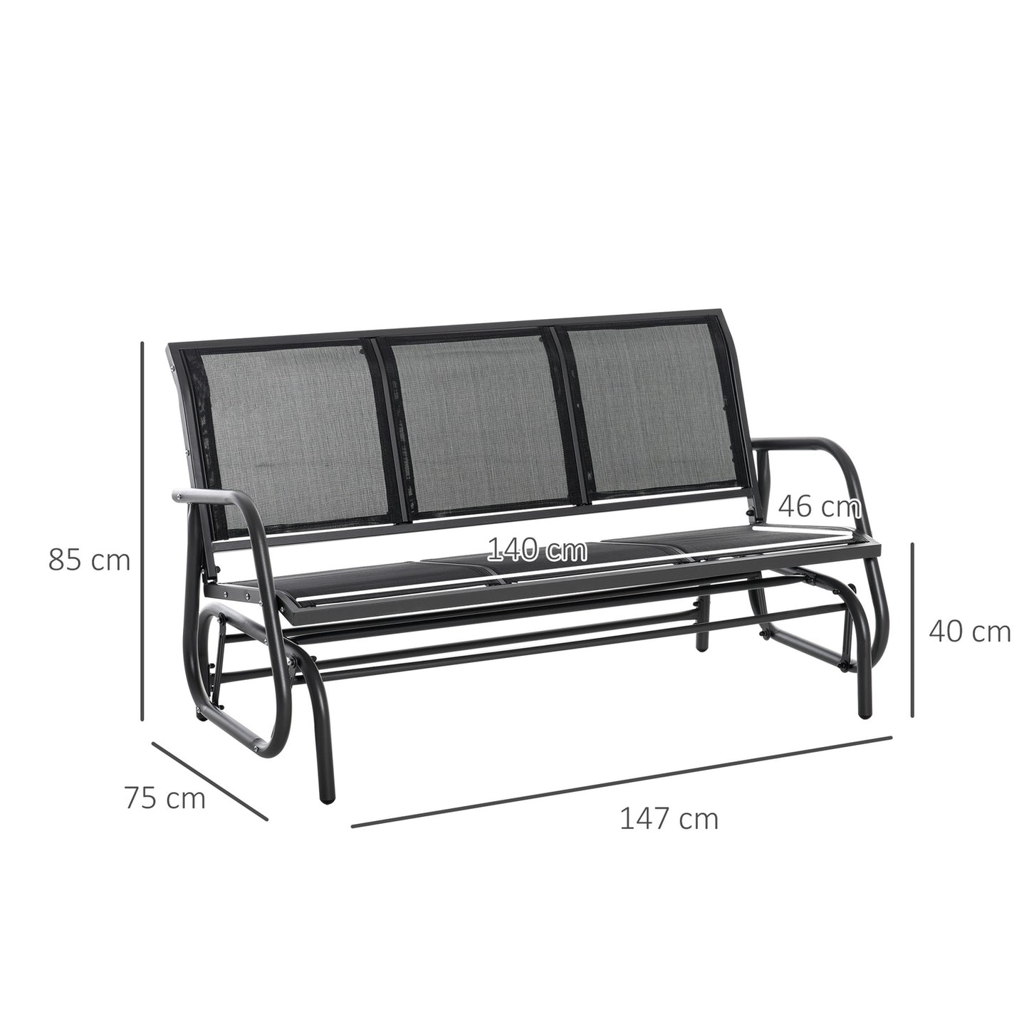 3-seater metal garden swing bench, weatherproof, black