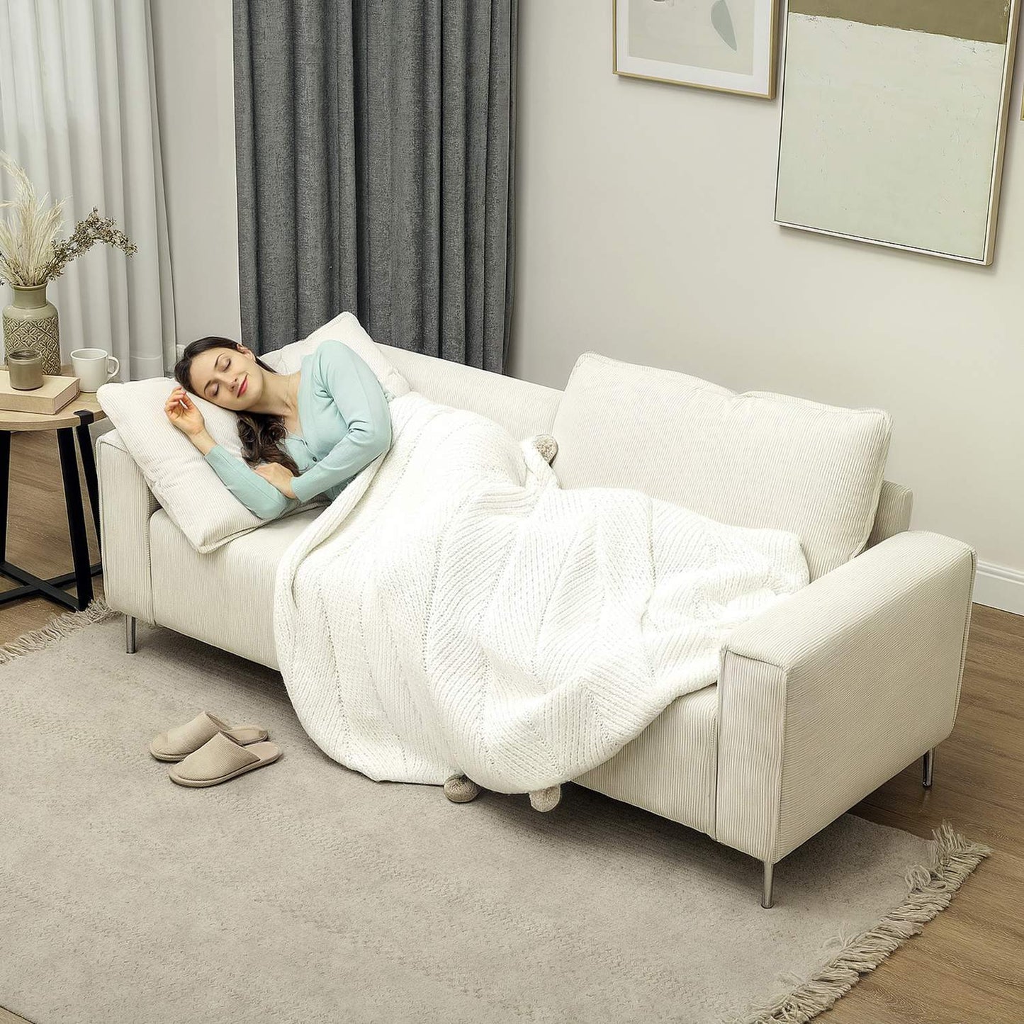 3-seater cream sofa, cord cover, spring core, 193x77x80 cm