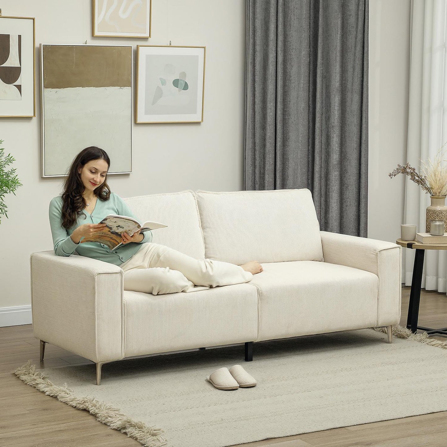 3-seater cream sofa, cord cover, spring core, 193x77x80 cm