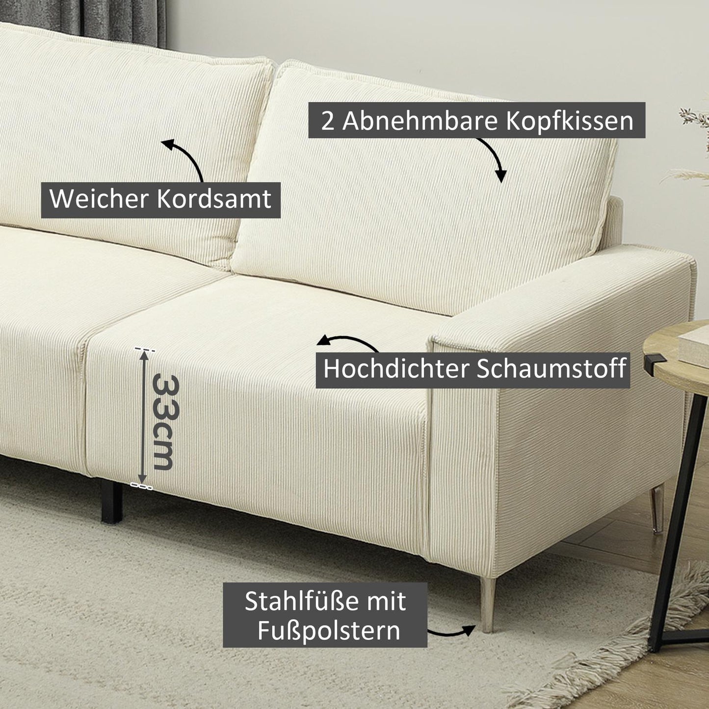 3-seater cream sofa, cord cover, spring core, 193x77x80 cm