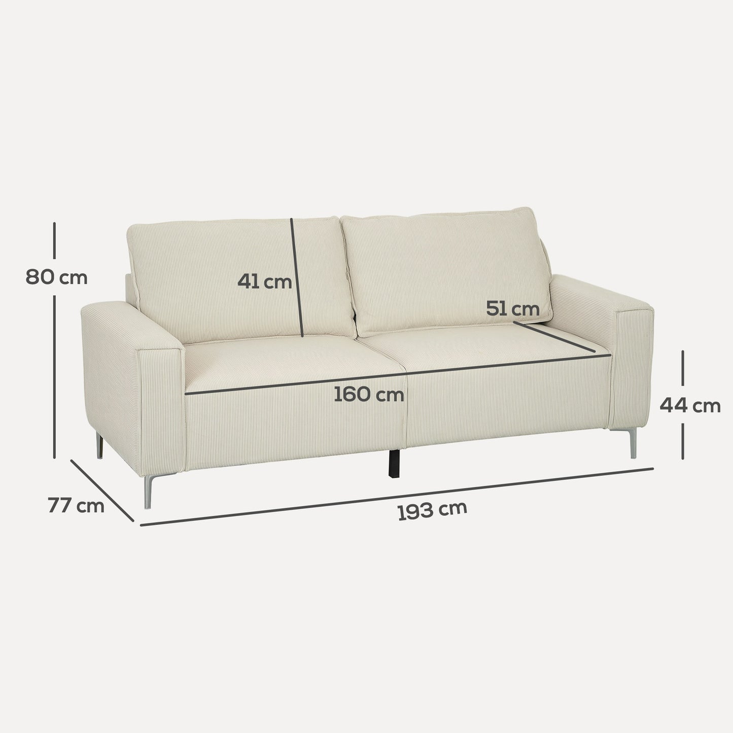 3-seater cream sofa, cord cover, spring core, 193x77x80 cm