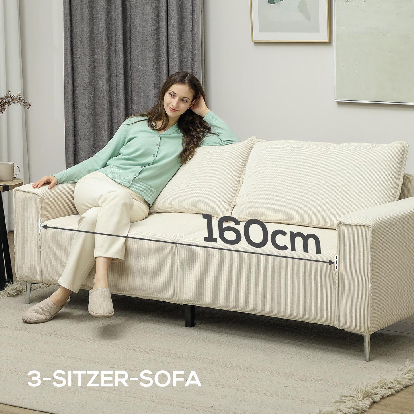 3-seater cream sofa, cord cover, spring core, 193x77x80 cm