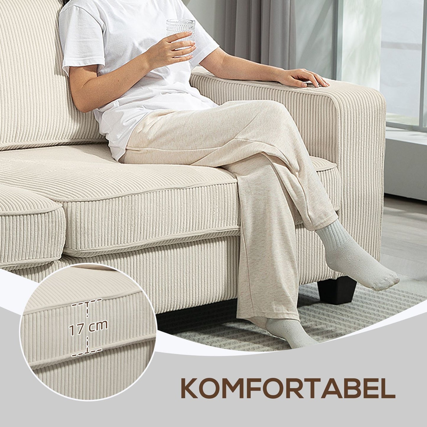 Cream white 3-seater sofa with armrests & back cushions