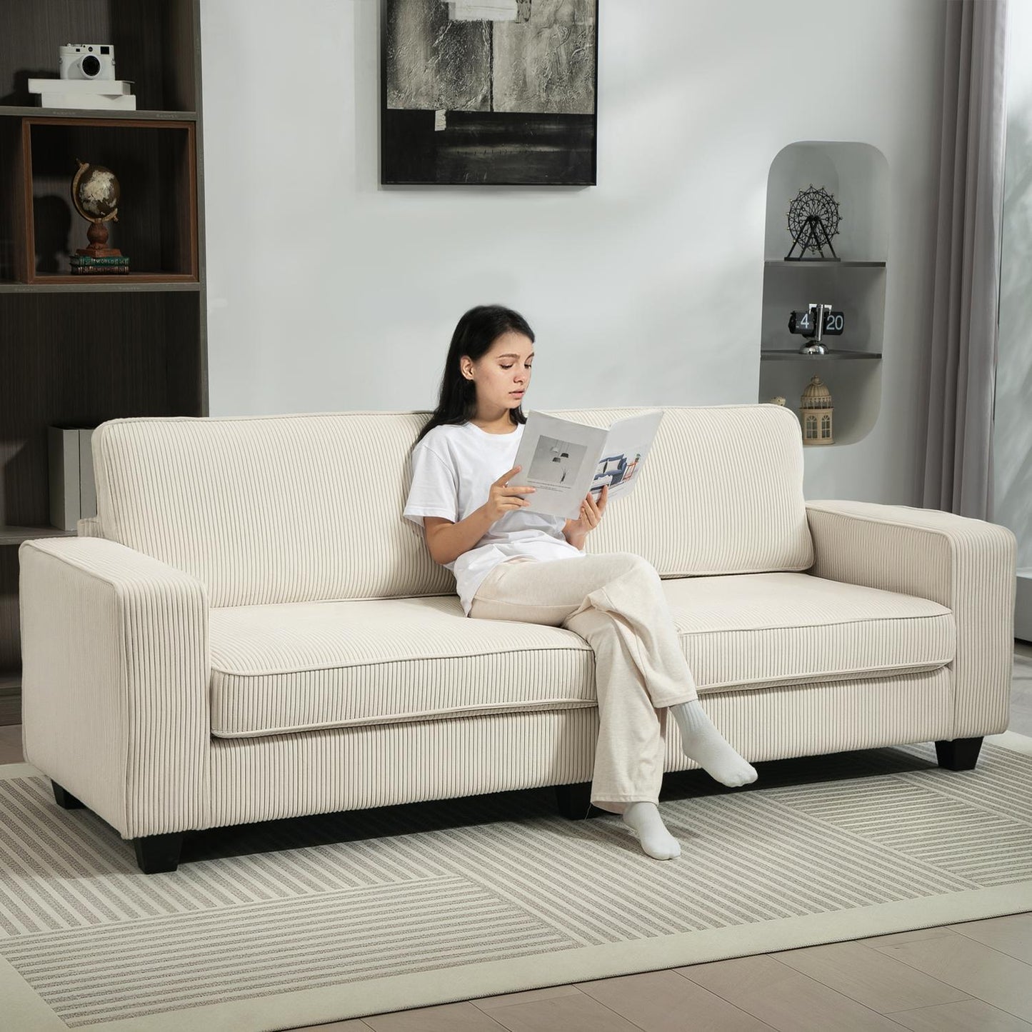 Cream white 3-seater sofa with armrests & back cushions