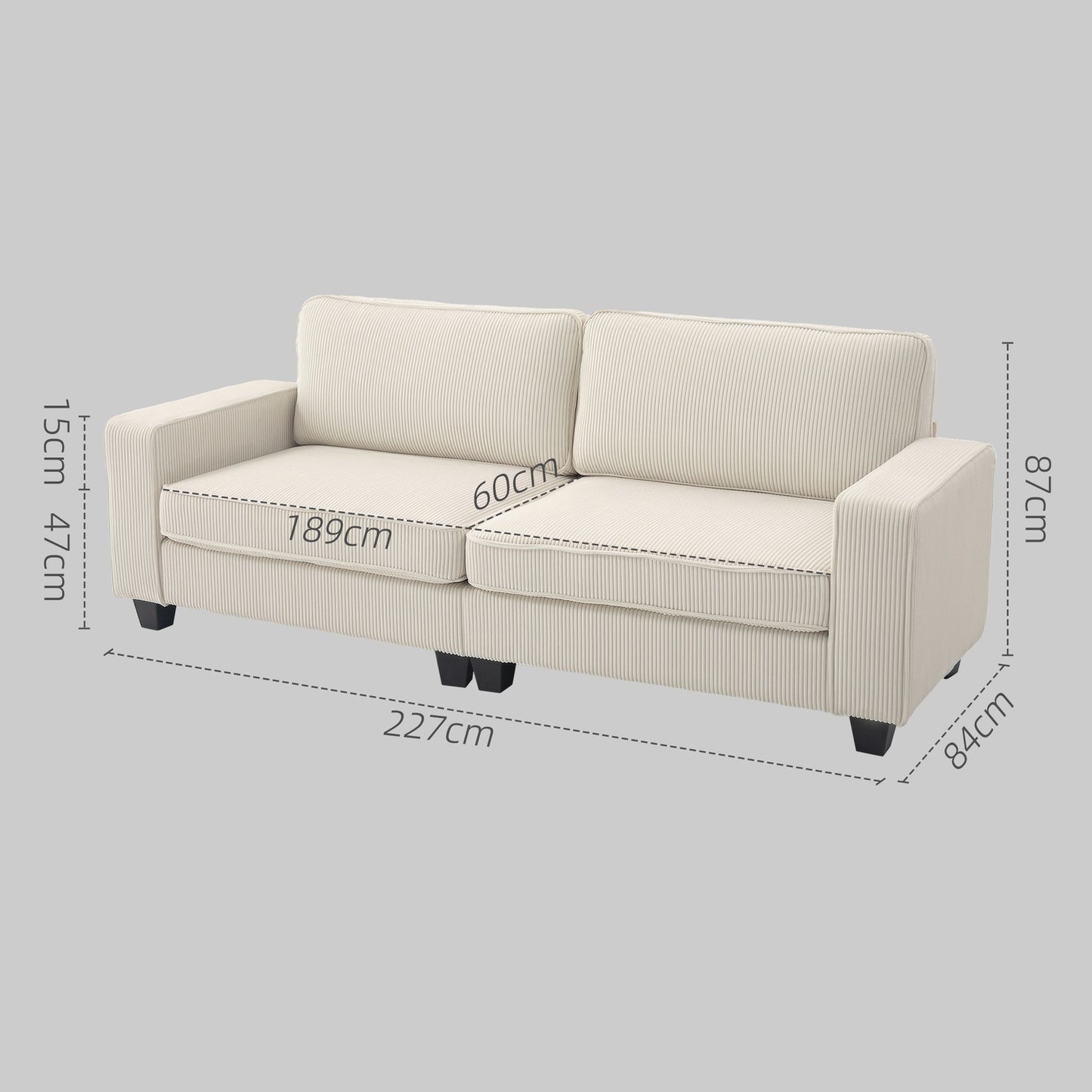 Cream white 3-seater sofa with armrests & back cushions
