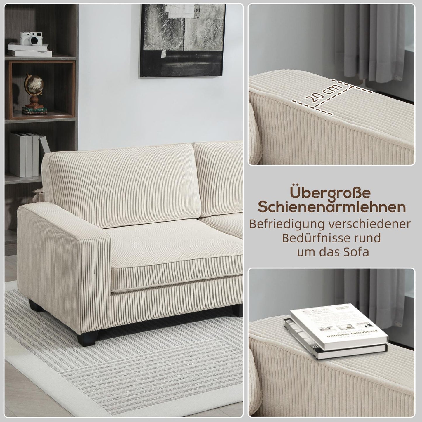 Cream white 3-seater sofa with armrests & back cushions