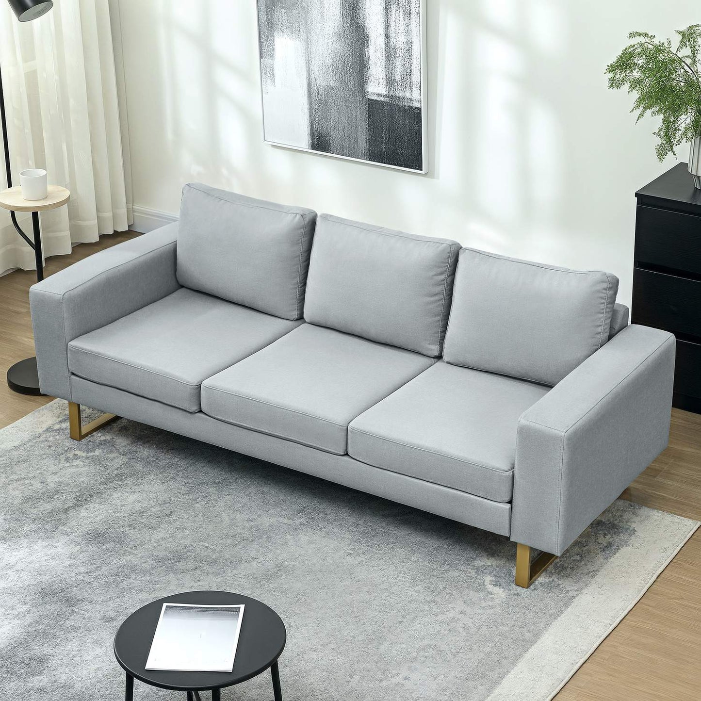 3-seater sofa, couch with solid wood frame, metal legs, simple design, light grey