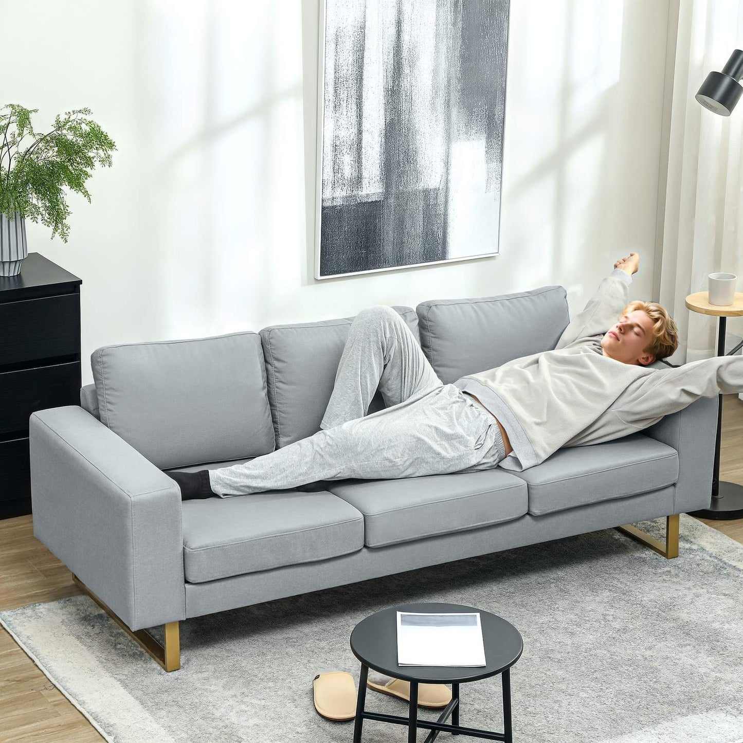 3-seater sofa, couch with solid wood frame, metal legs, simple design, light grey