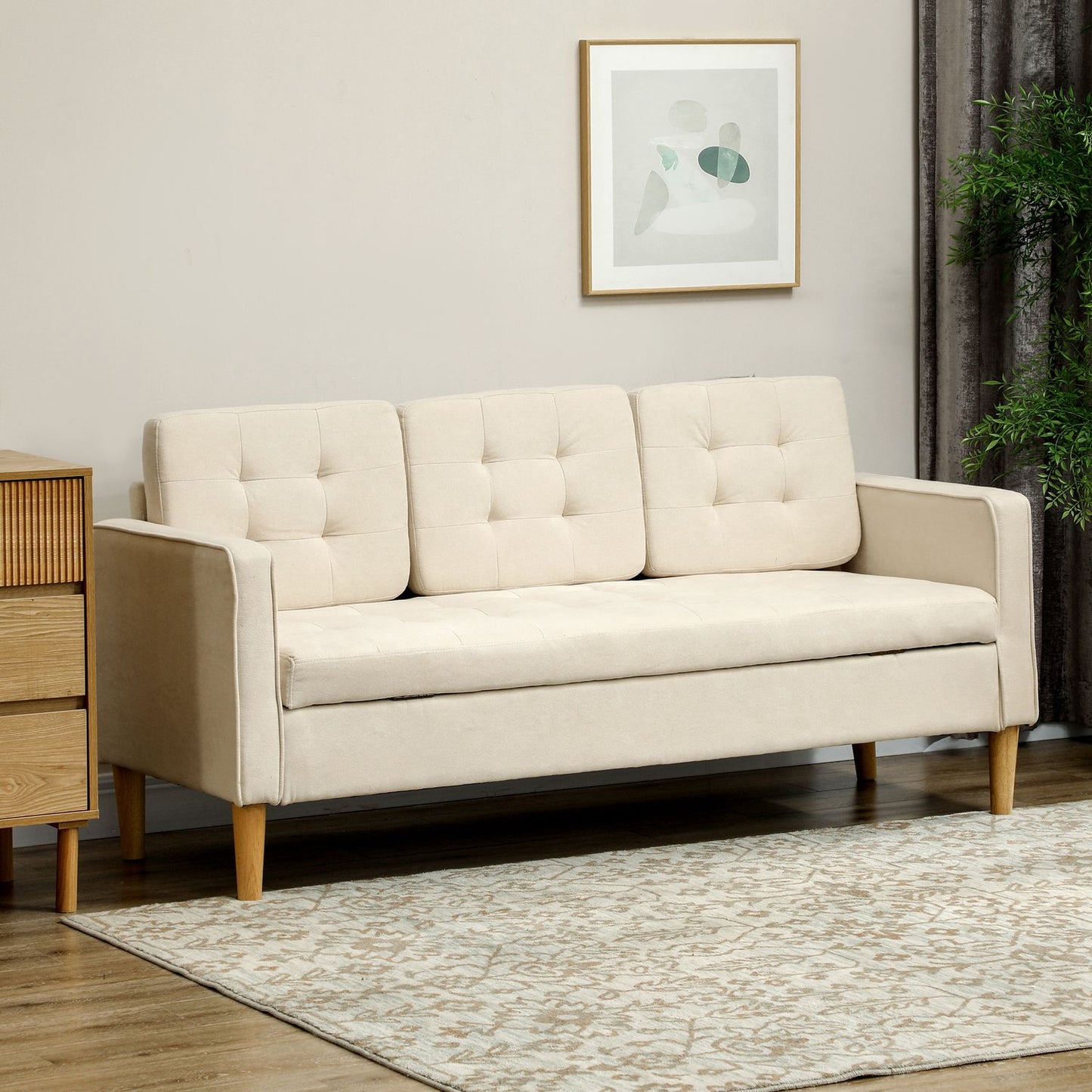 3-seater velvet sofa, storage, wooden legs, cream white