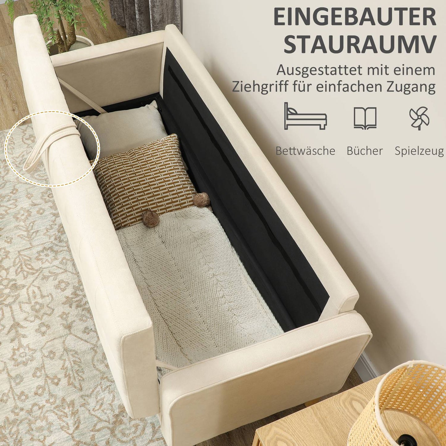 3-seater velvet sofa, storage, wooden legs, cream white