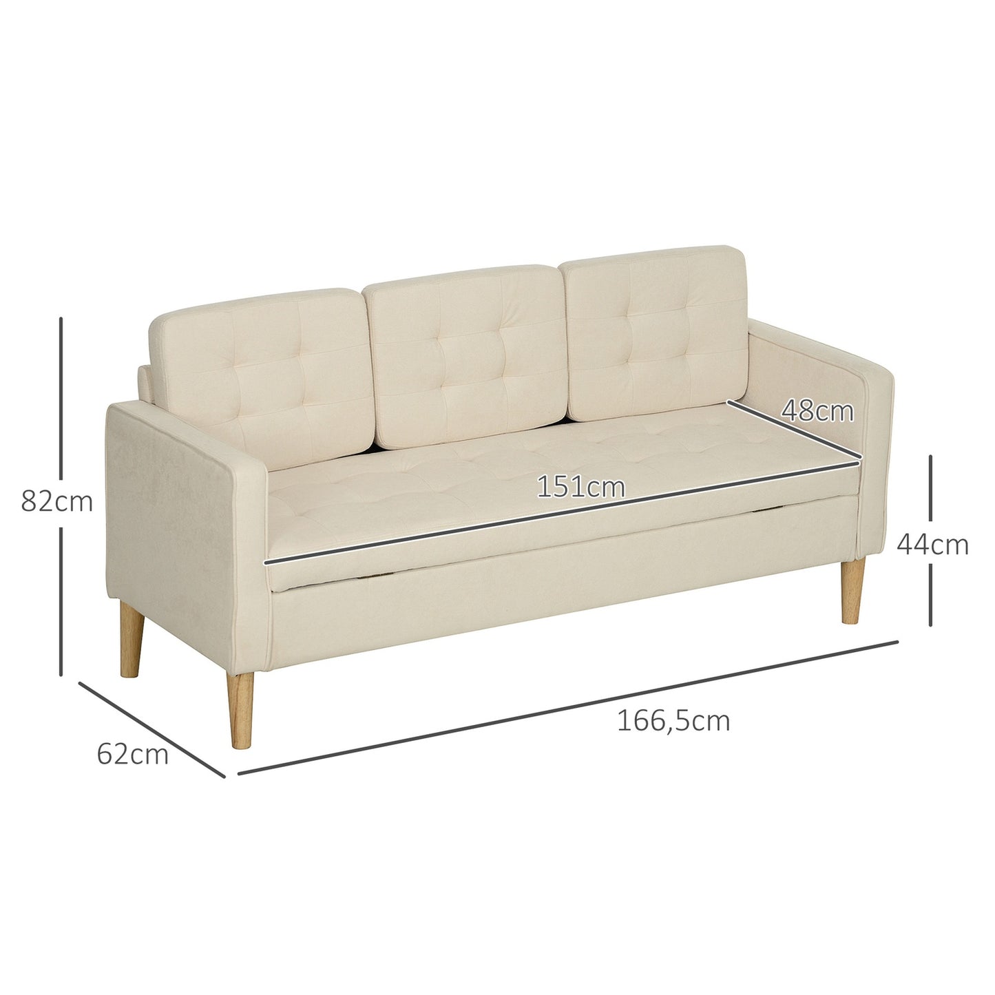 3-seater velvet sofa, storage, wooden legs, cream white