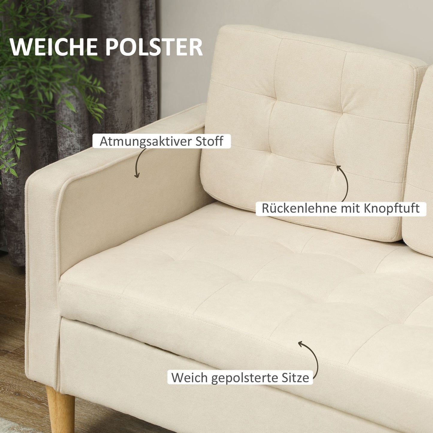 3-seater velvet sofa, storage, wooden legs, cream white
