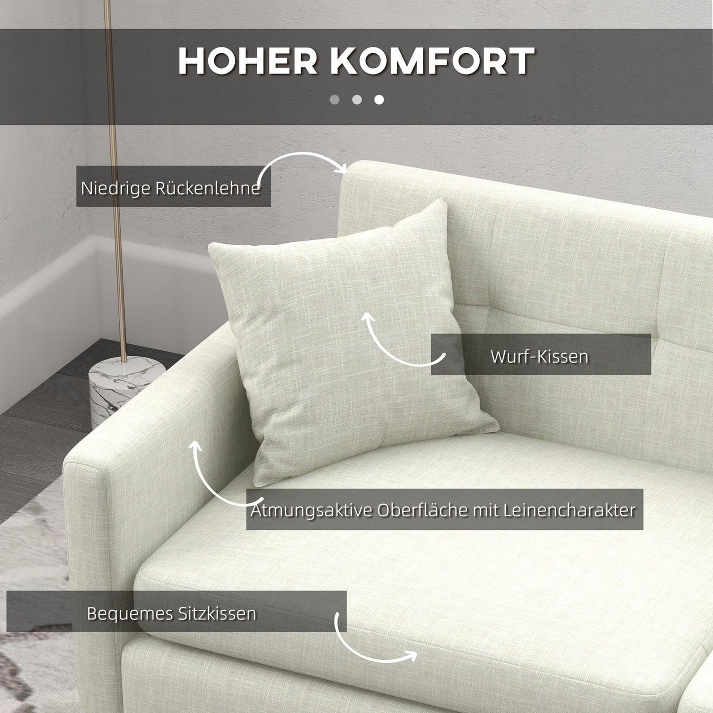 3-seat sofa with armrests & side pocket, upholstered