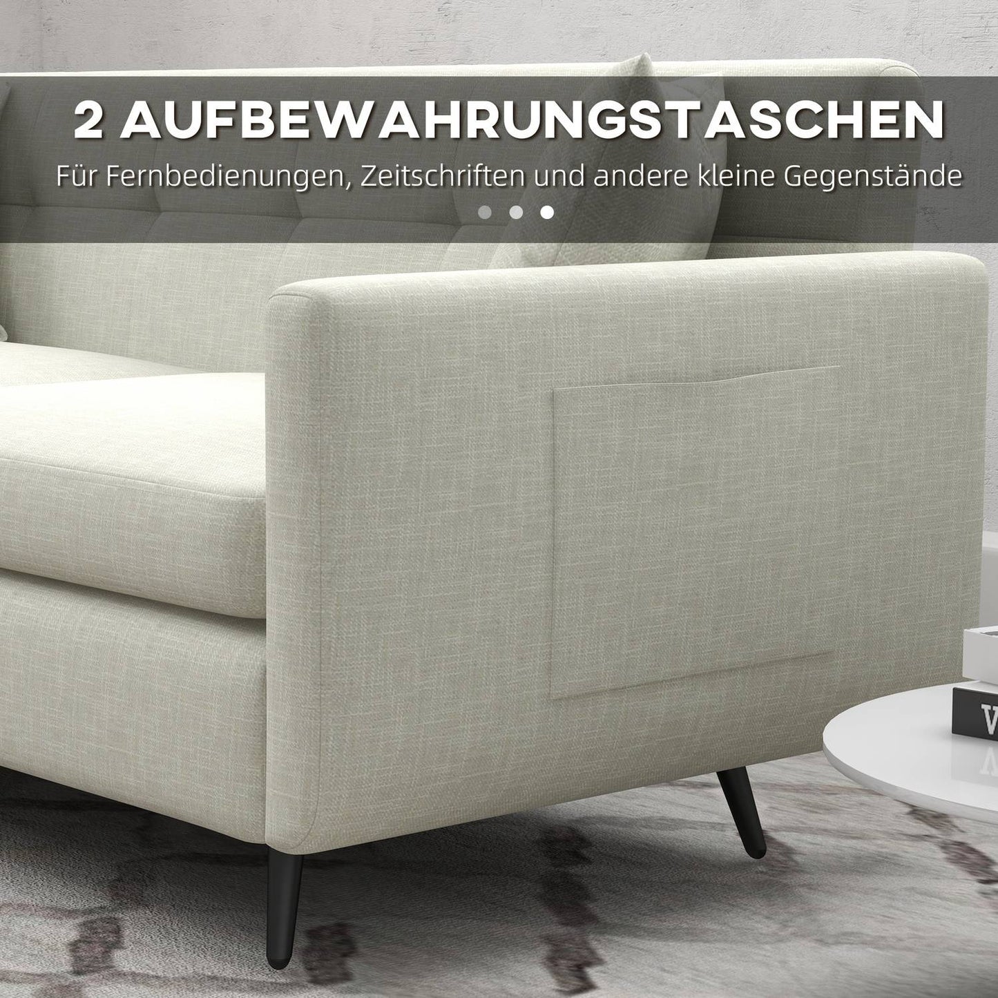 3-seat sofa with armrests & side pocket, upholstered
