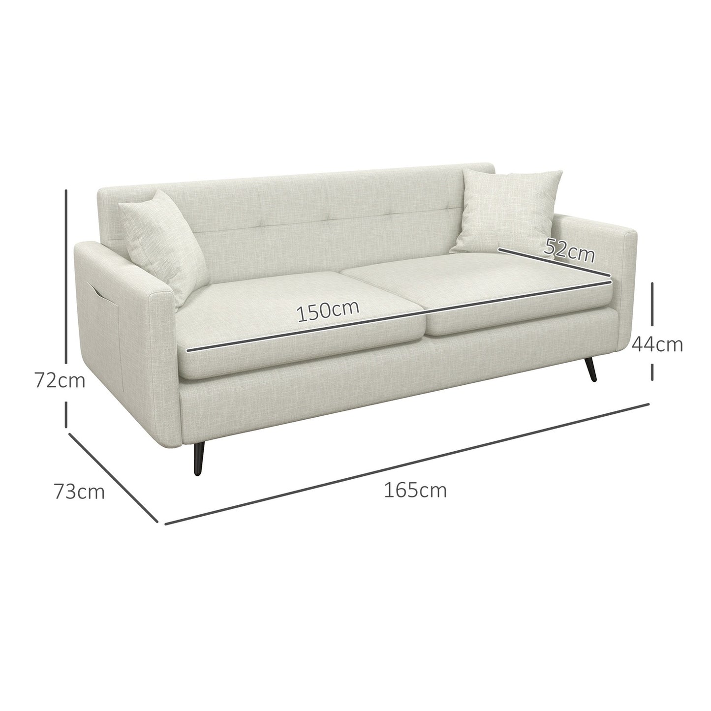 3-seat sofa with armrests & side pocket, upholstered
