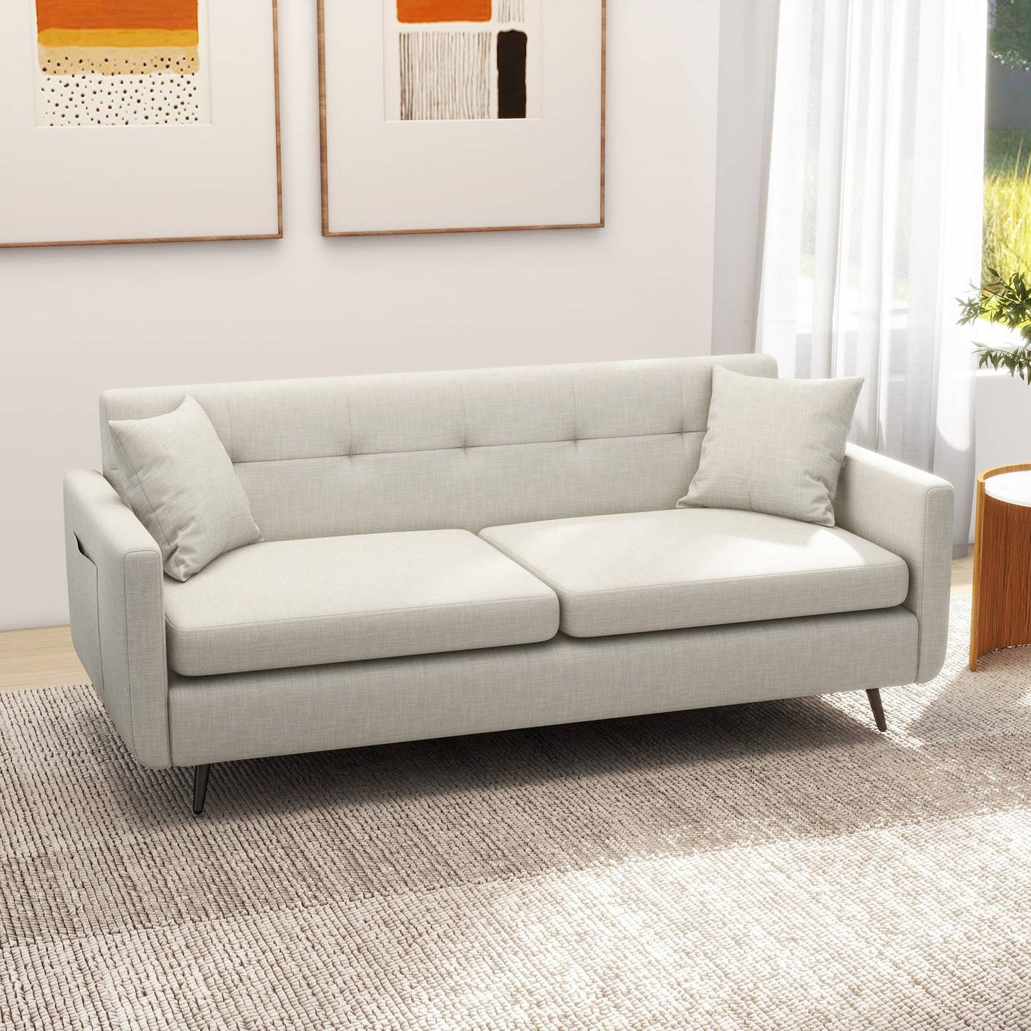 3-seat sofa with armrests & side pocket, upholstered