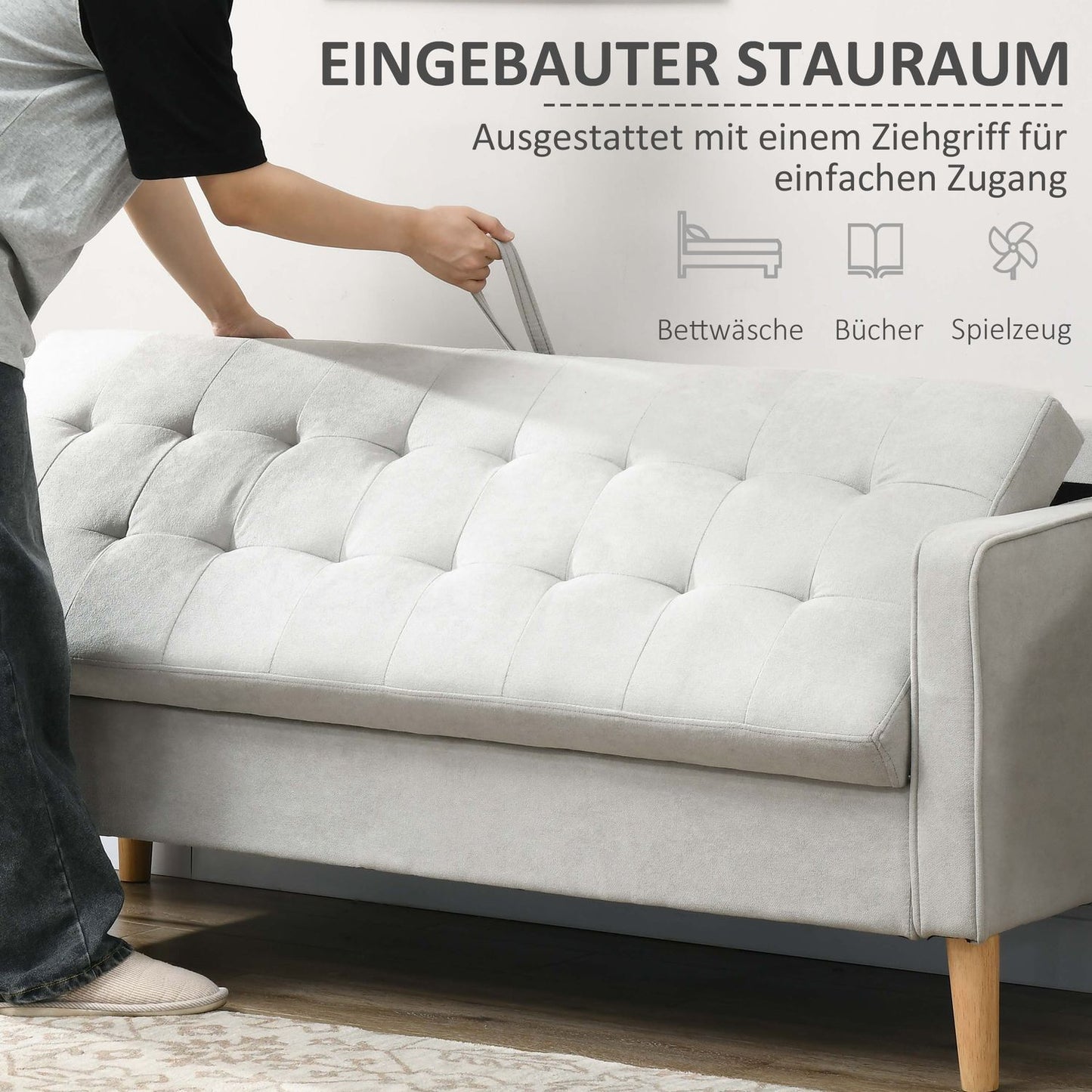 3-seat upholstered sofa with storage, armrests, light grey