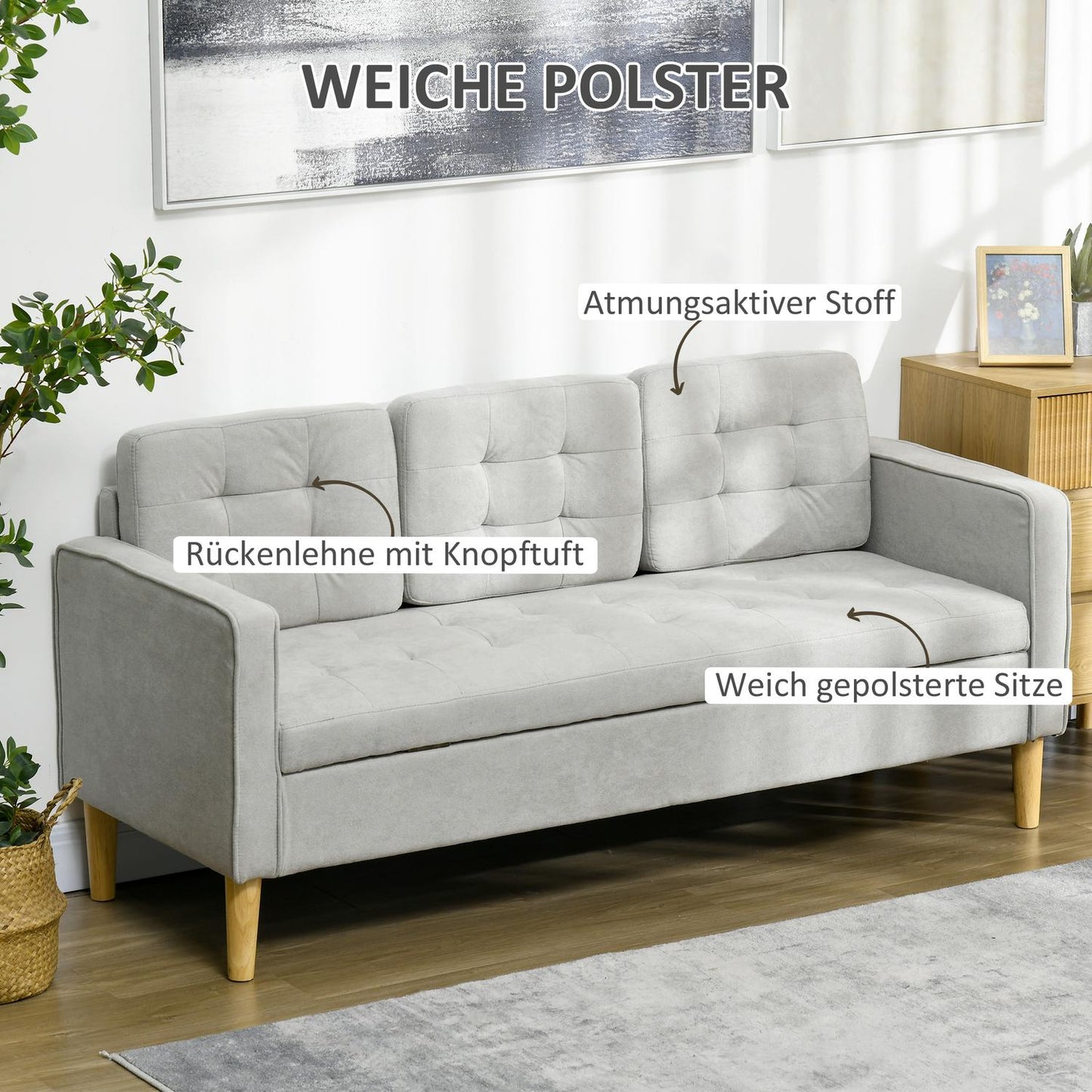 3-seat upholstered sofa with storage, armrests, light grey