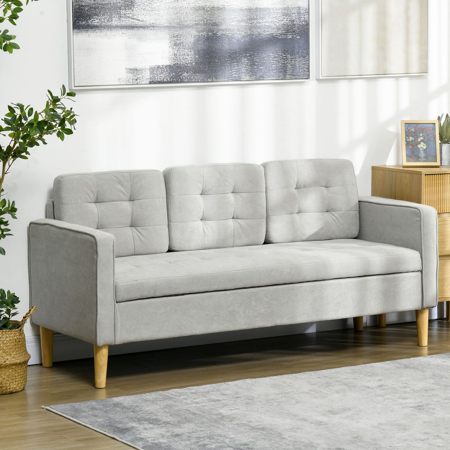 3-seat upholstered sofa with storage, armrests, light grey