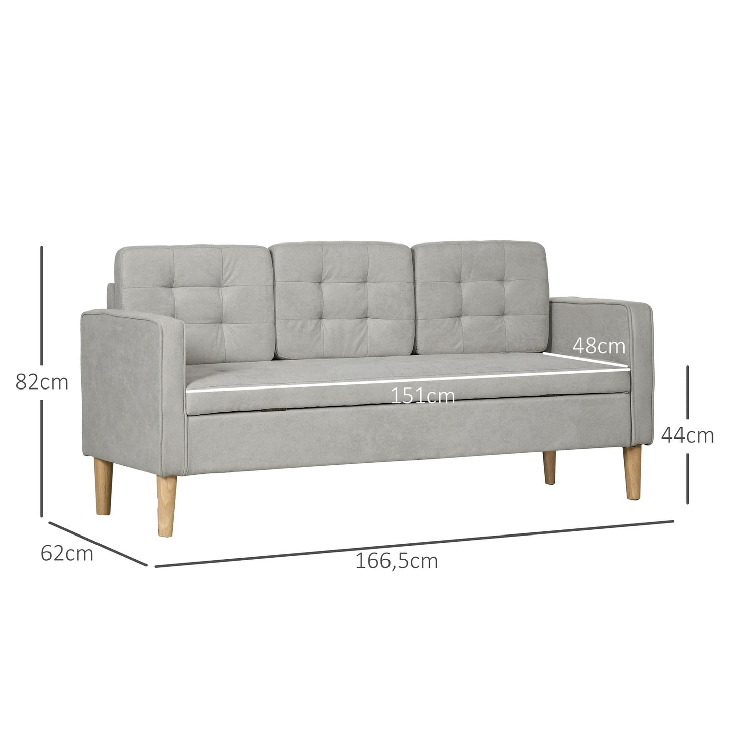 3-seat upholstered sofa with storage, armrests, light grey