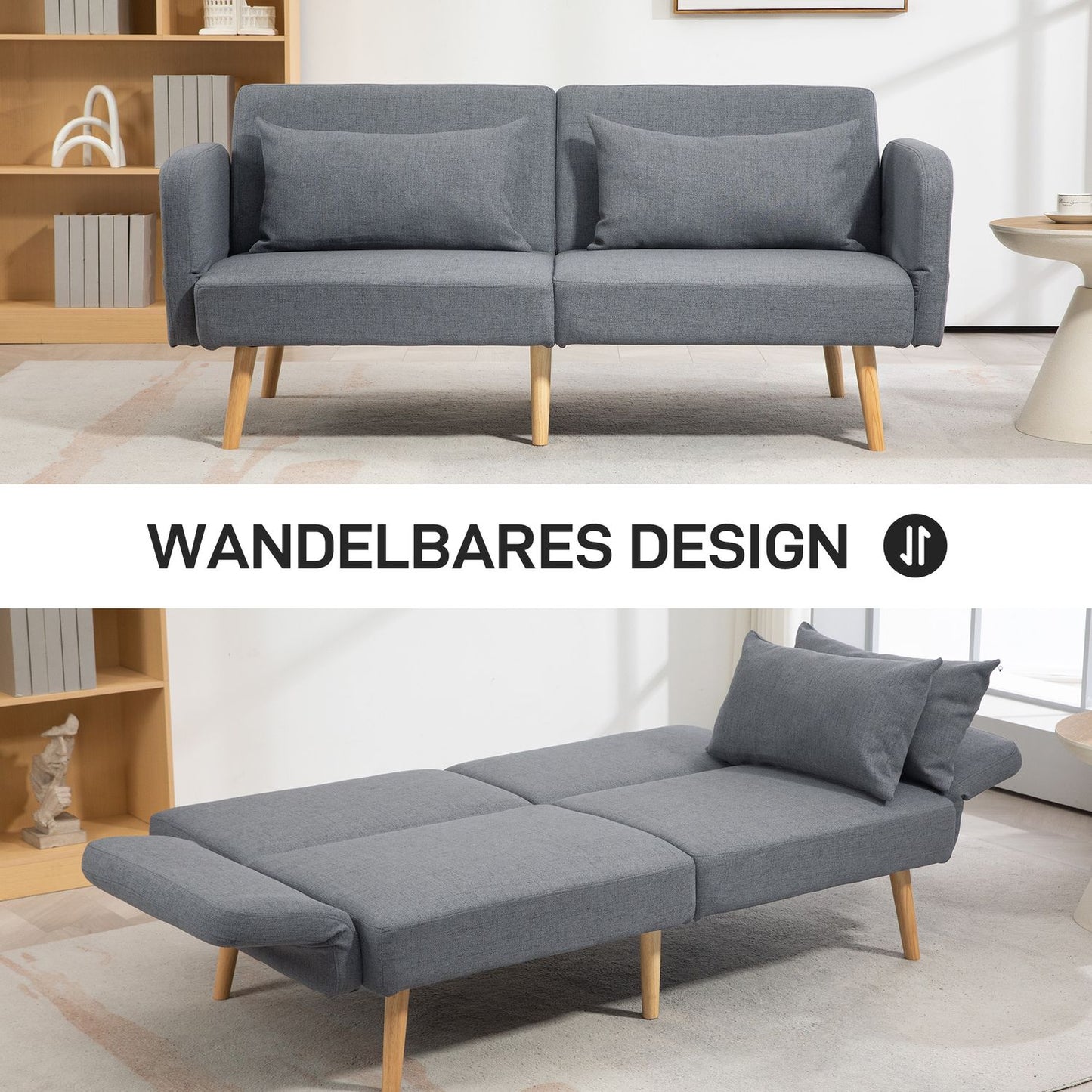 Gray 3-seater sofa bed, adjustable back, linen look