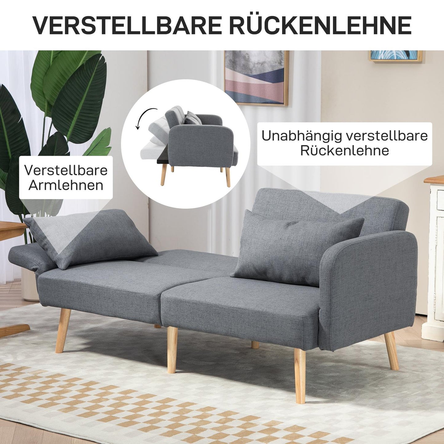 Gray 3-seater sofa bed, adjustable back, linen look
