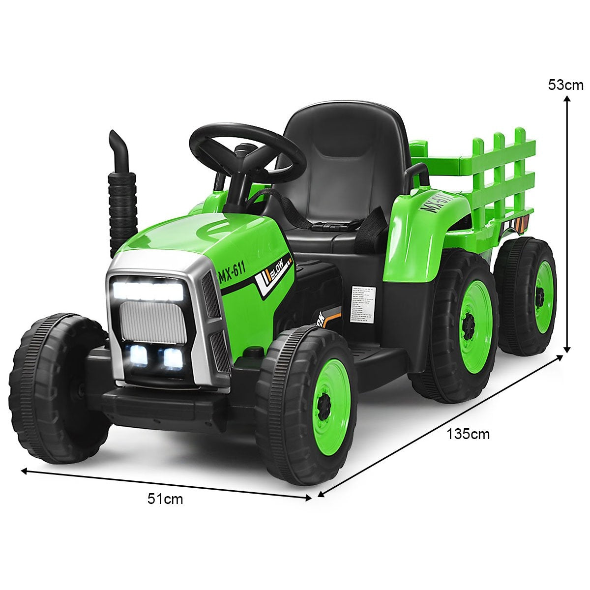 3-speed children's tractor 12V ride-on tractor with removable trailer & LED lights horn & USB functions green