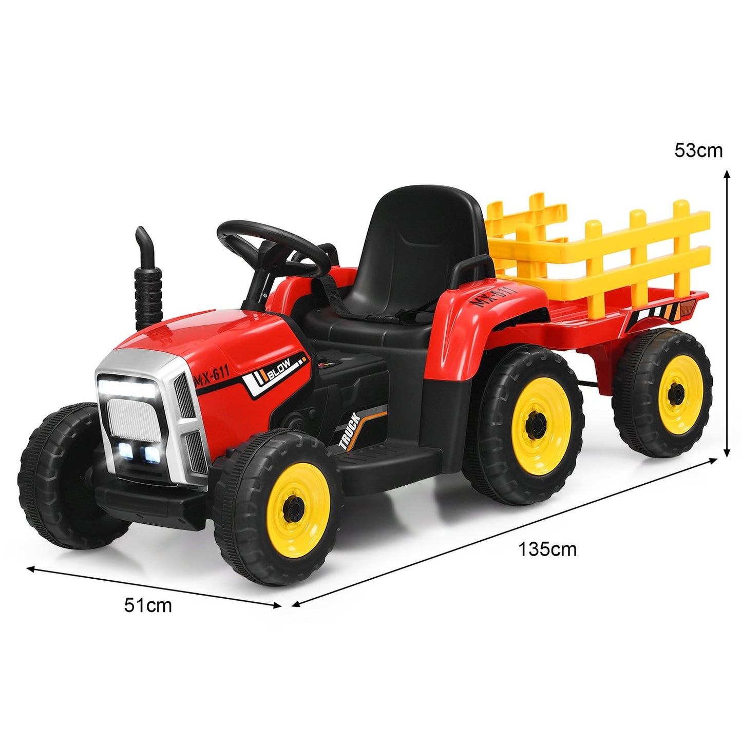 3-speed children's tractor 12V ride-on tractor with removable trailer red