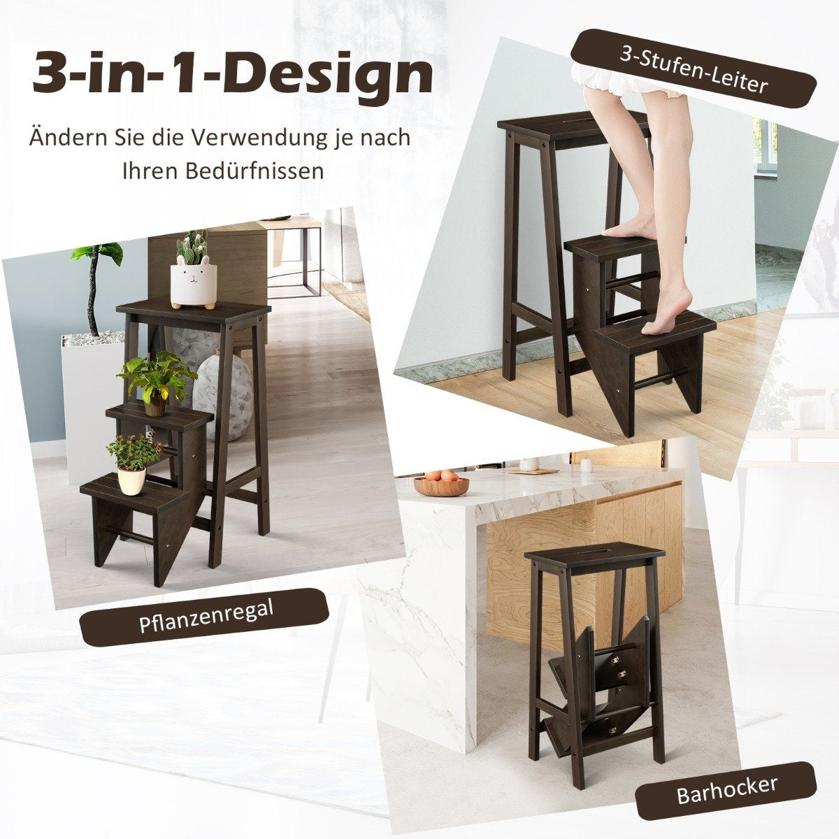 3-step folding stair bench with rotating steps and carrying handle, climbing aid, brown, up to 310 kg