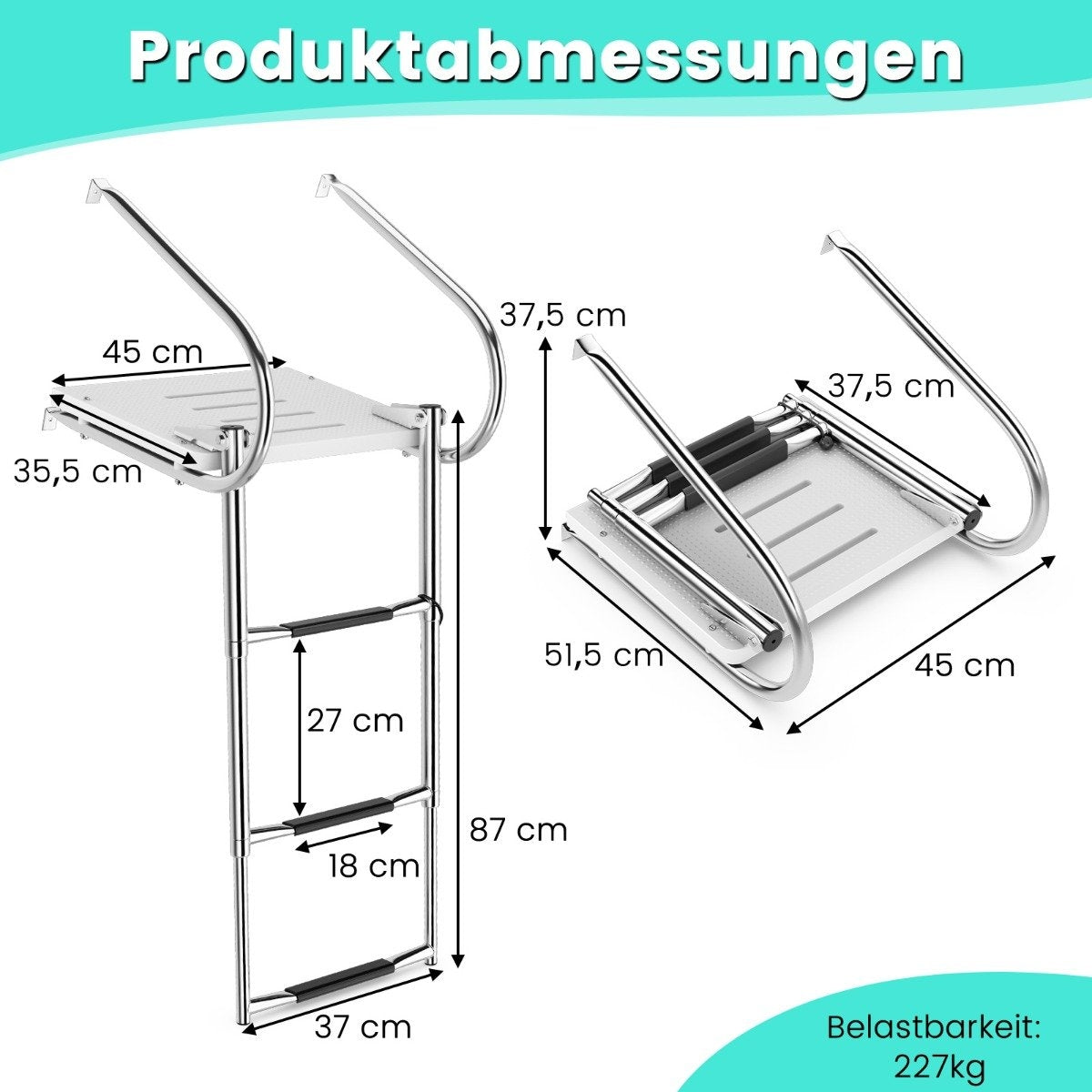 3-step folding telescopic boat ladder with fiberglass platform & 2 handrails 51.5 x 45 x 37.5 cm