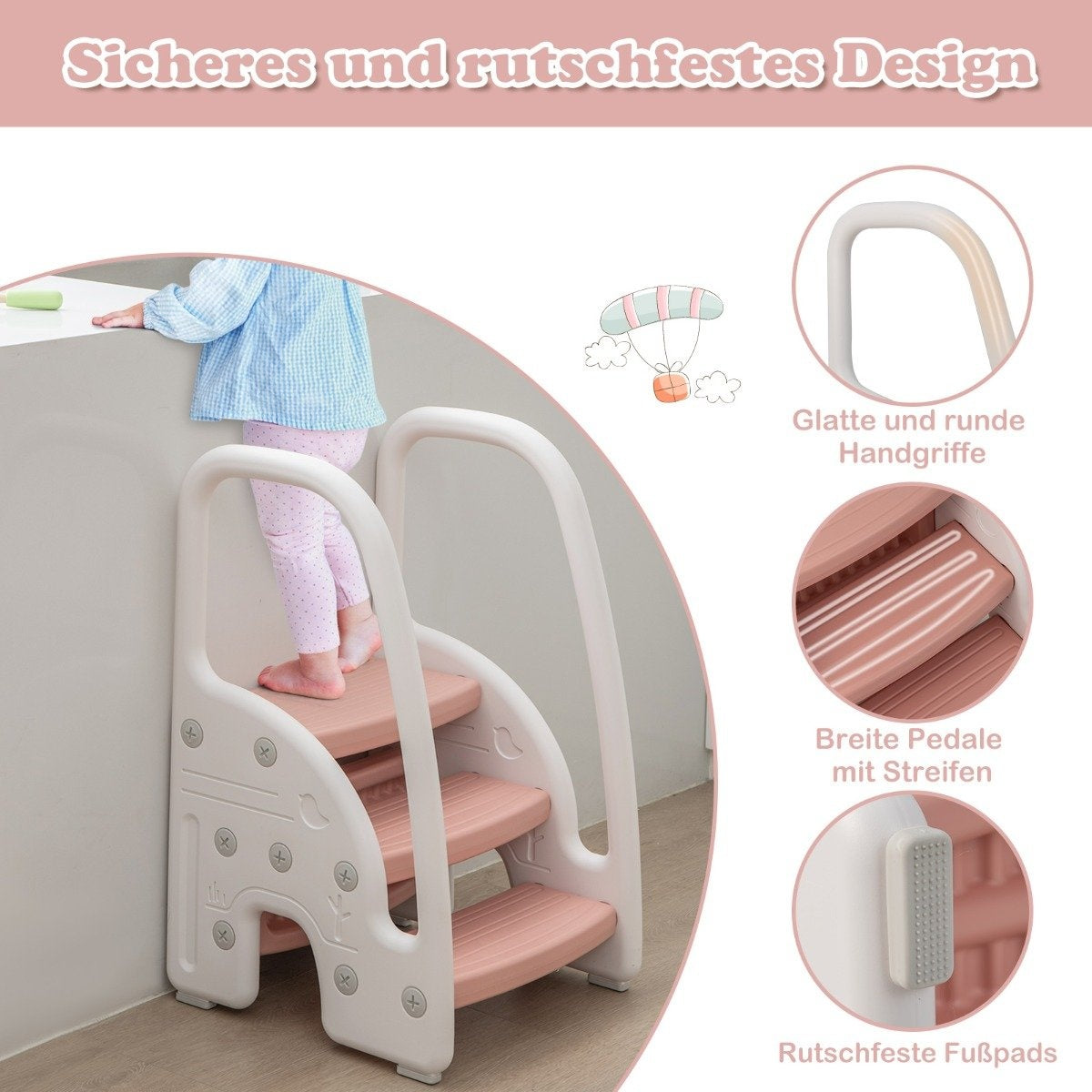 3 step step stool for children climbing aid with safety handles 50 kg load capacity pink