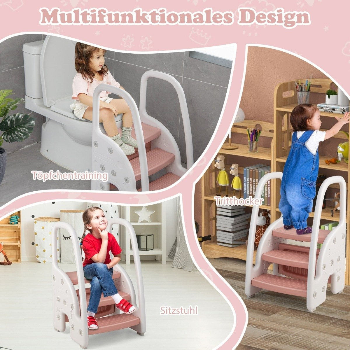 3 step step stool for children climbing aid with safety handles 50 kg load capacity pink